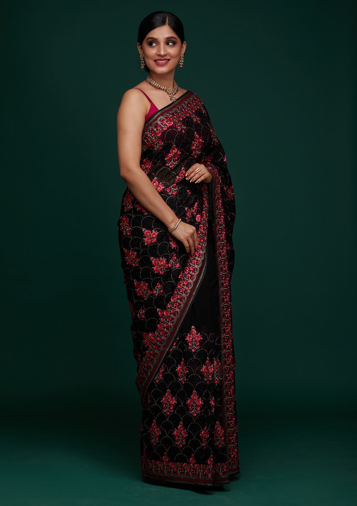Black Threadwork Georgette Designer Saree - Koskii
