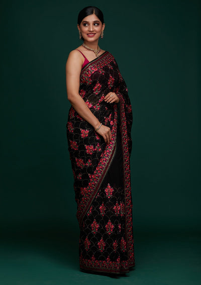 Black Threadwork Georgette Designer Saree - Koskii