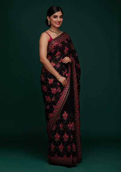 Black Threadwork Georgette Designer Saree - Koskii