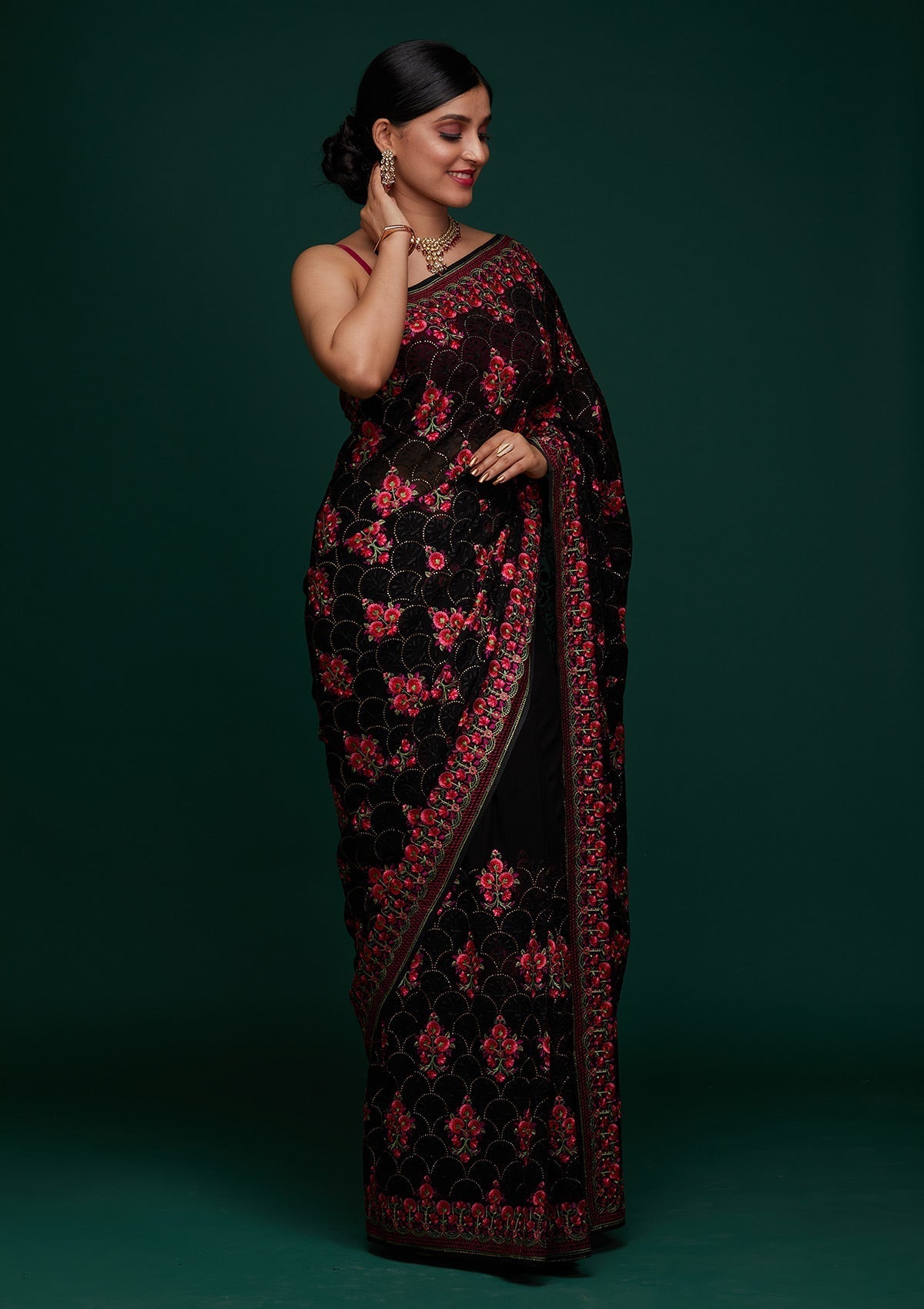 Black Threadwork Georgette Designer Saree - Koskii