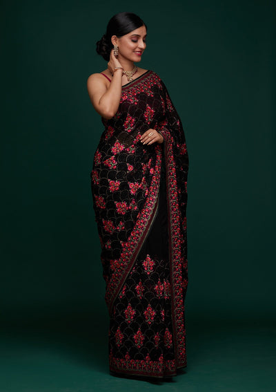Black Threadwork Georgette Designer Saree - Koskii