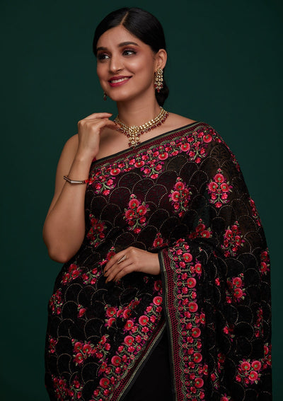 Black Threadwork Georgette Designer Saree - Koskii
