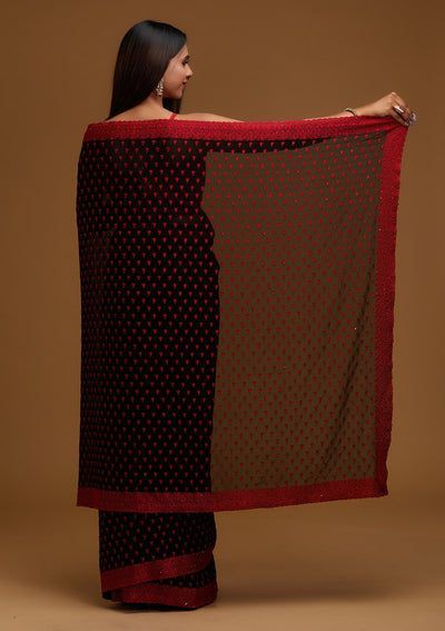 Black Threadwork Georgette Designer Saree - Koskii