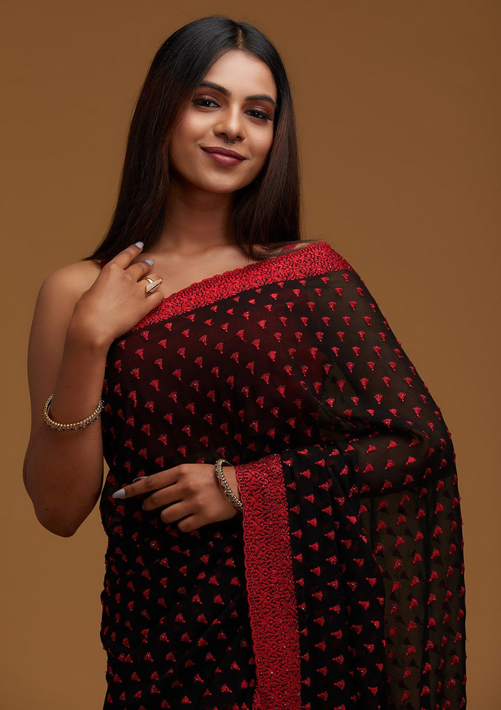 Black Threadwork Georgette Designer Saree - Koskii