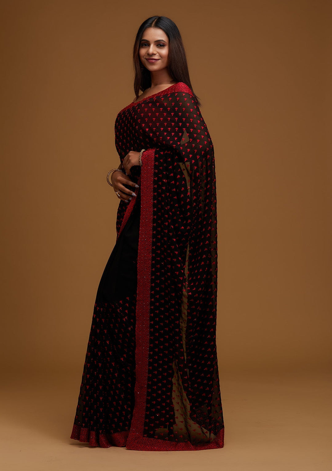 Black Threadwork Georgette Designer Saree - Koskii