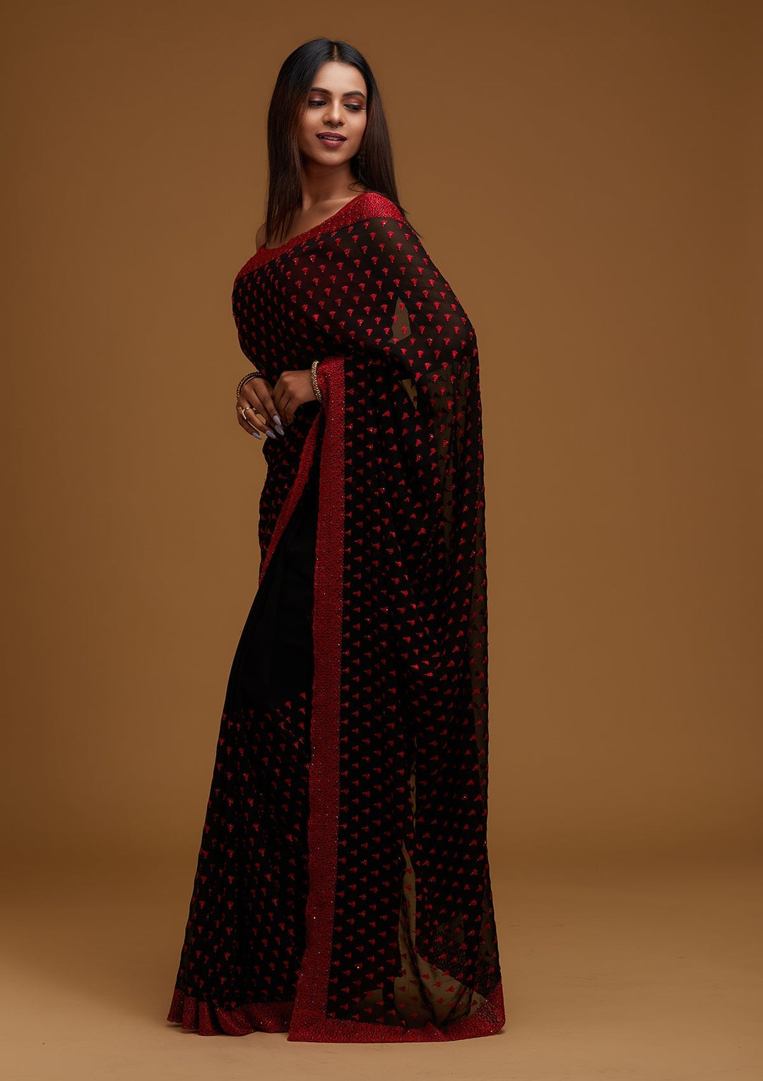 Black Threadwork Georgette Designer Saree - Koskii