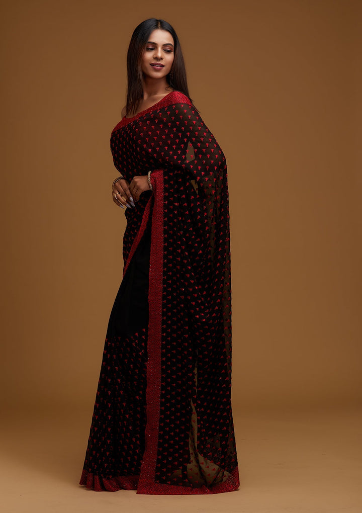 Black Threadwork Georgette Designer Saree - Koskii