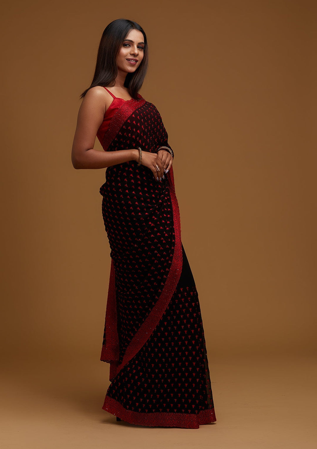 Black Threadwork Georgette Designer Saree - Koskii