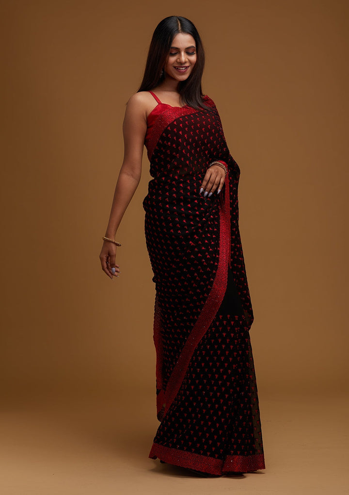 Black Threadwork Georgette Designer Saree - Koskii