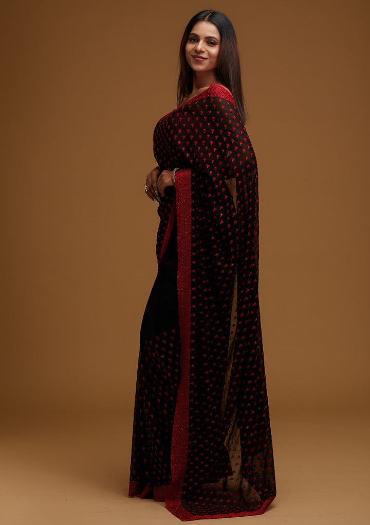 Black Threadwork Georgette Designer Saree - Koskii