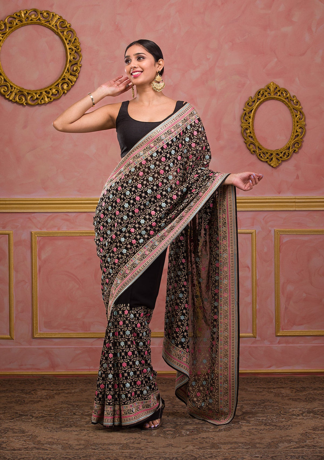 Black Threadwork Georgette Saree-Koskii