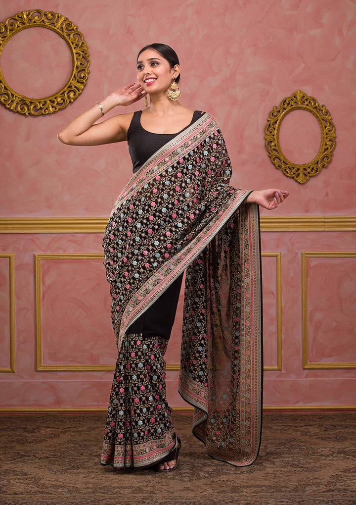 Black Threadwork Georgette Saree-Koskii