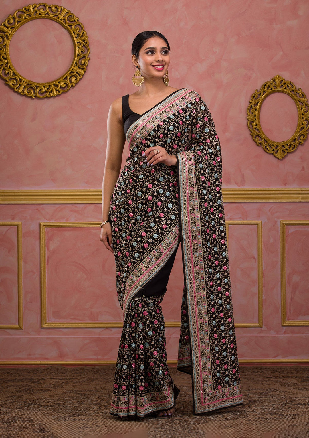 Black Threadwork Georgette Saree-Koskii