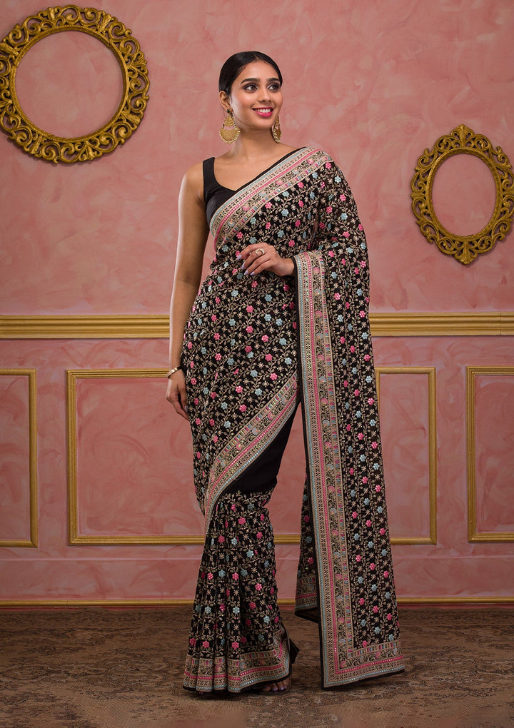 Black Threadwork Georgette Saree-Koskii