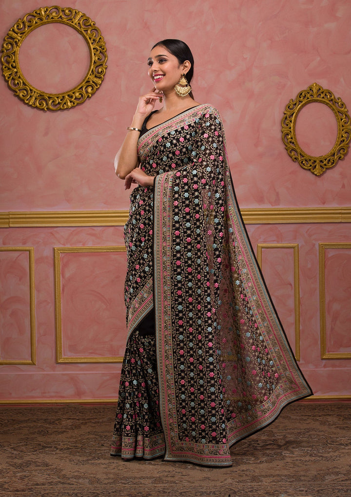 Black Threadwork Georgette Saree-Koskii