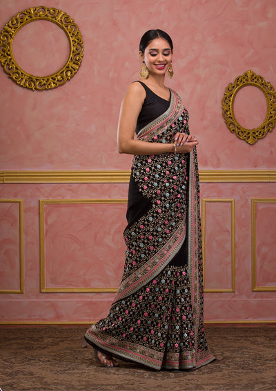 Black Threadwork Georgette Saree-Koskii