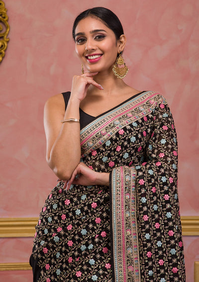Black Threadwork Georgette Saree-Koskii