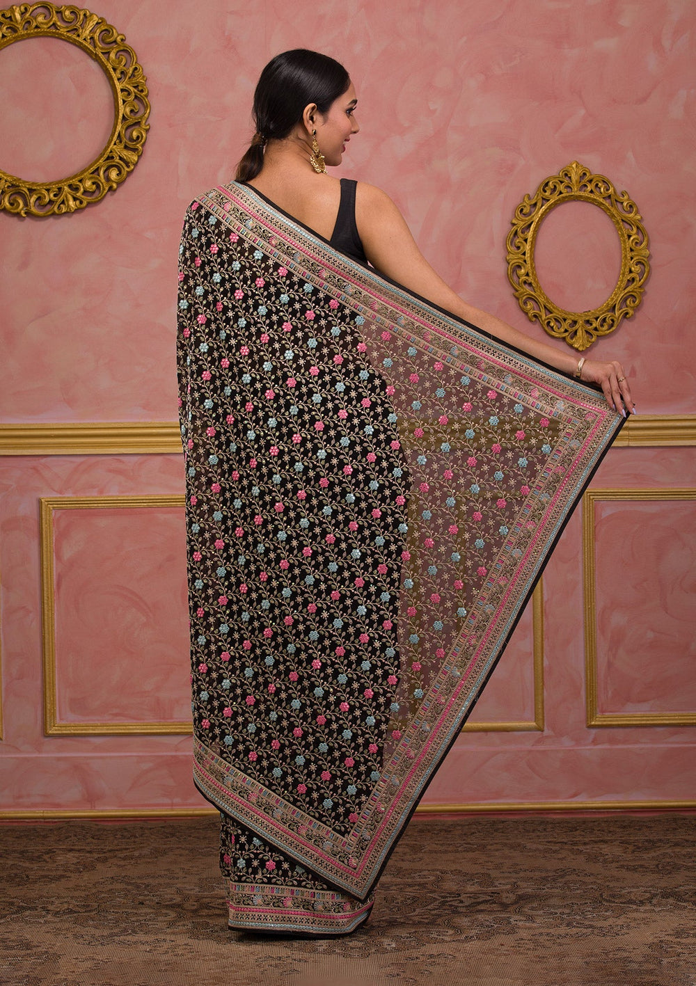 Black Threadwork Georgette Saree-Koskii