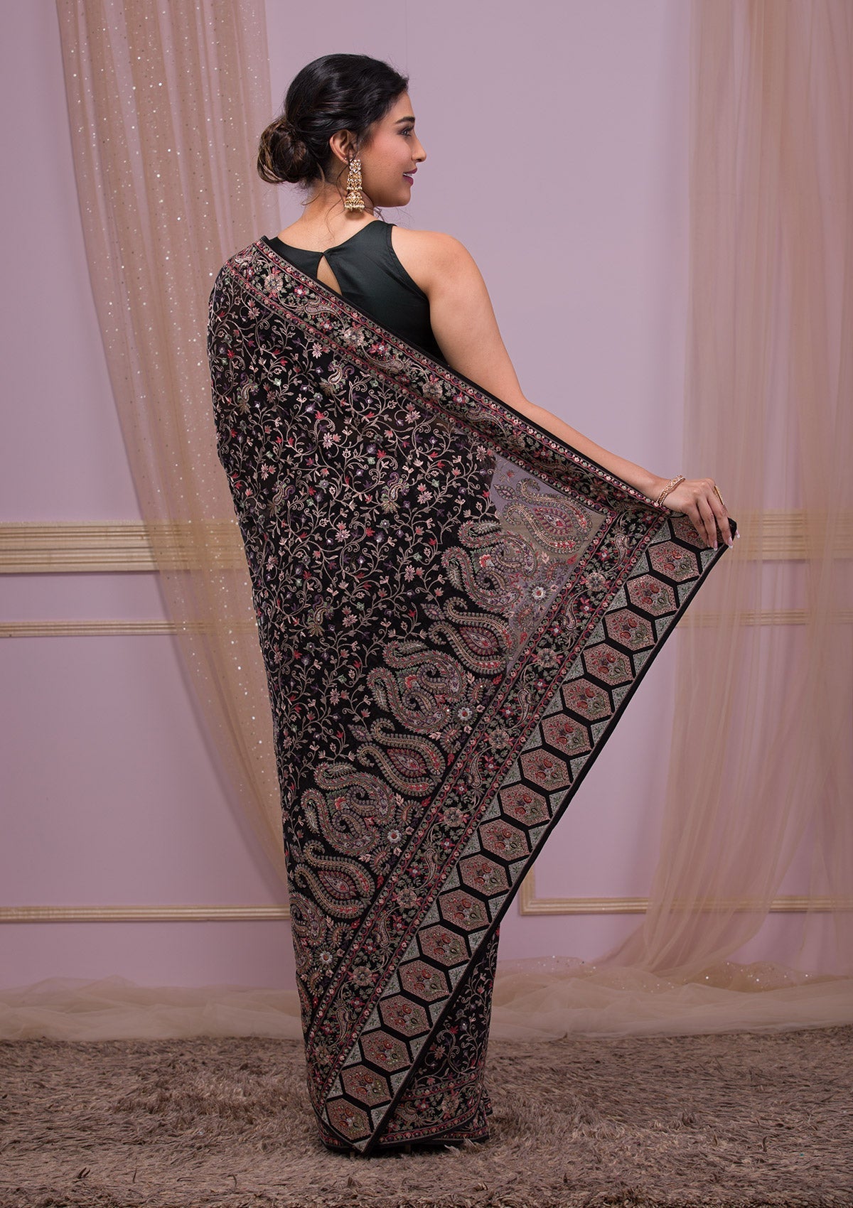 Black Threadwork Georgette Saree-Koskii