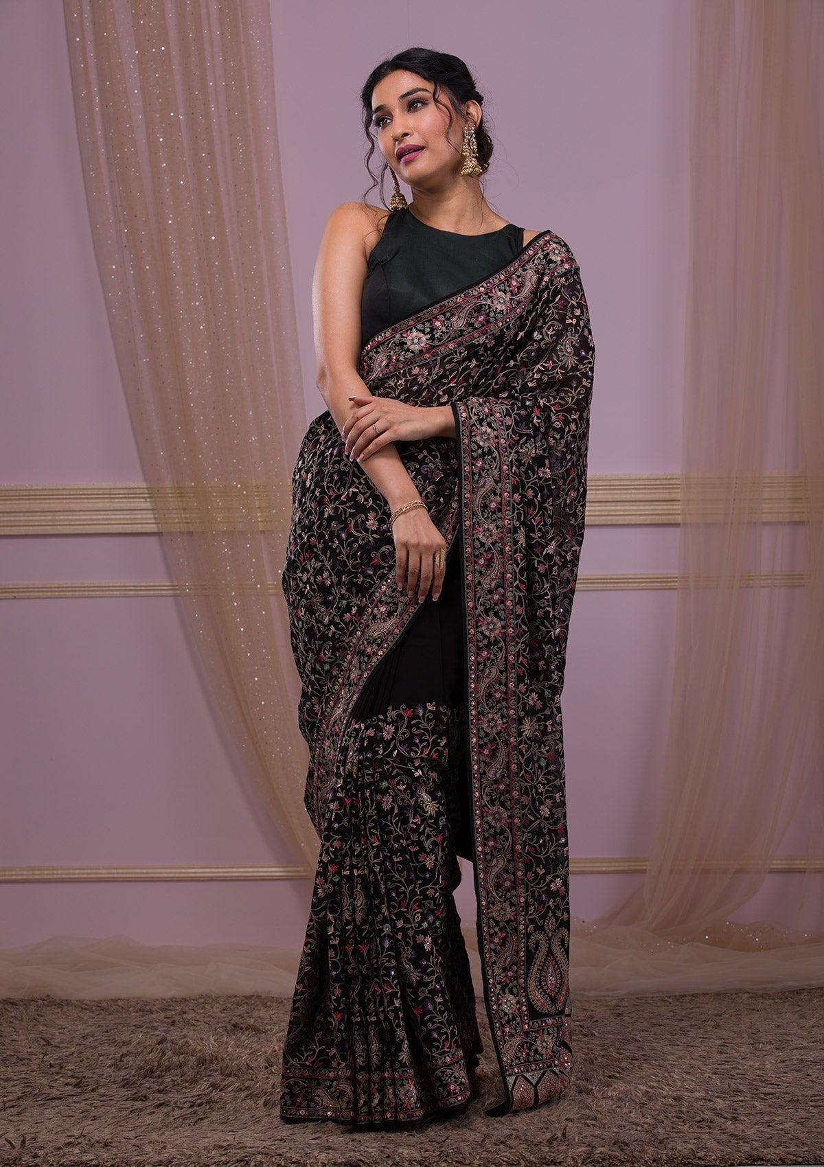 Black Threadwork Georgette Saree-Koskii