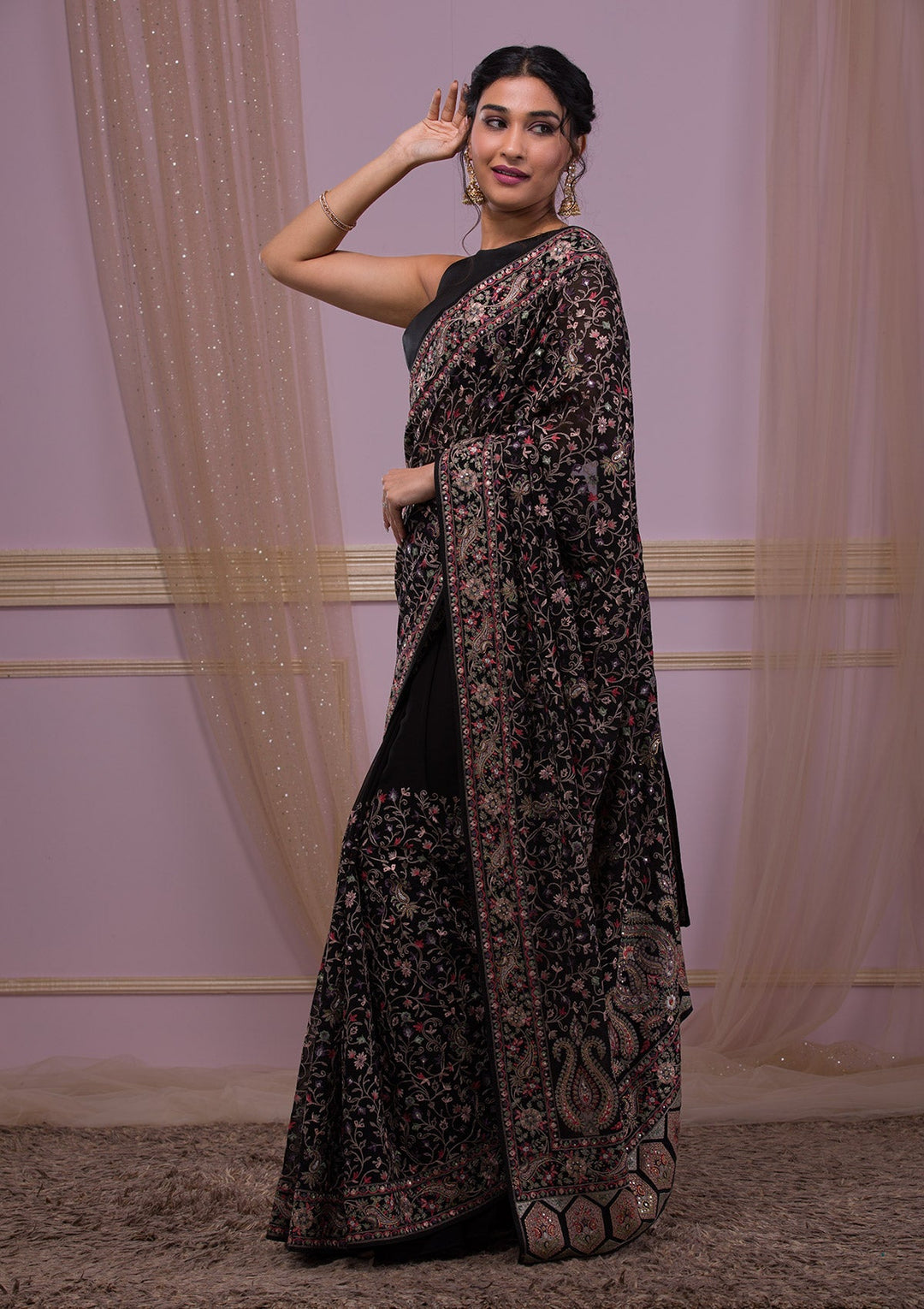 Black Threadwork Georgette Saree-Koskii