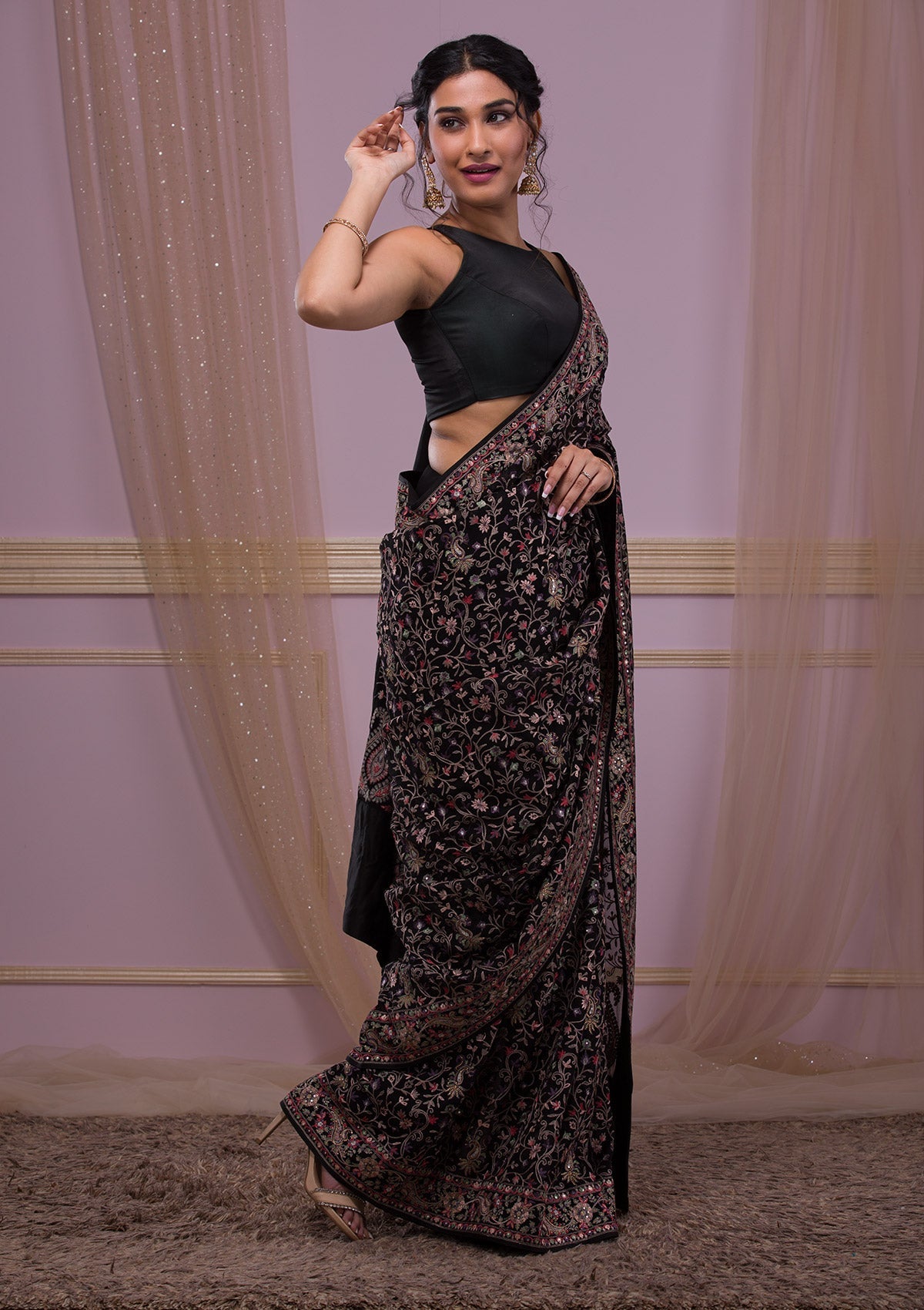 Black Threadwork Georgette Saree-Koskii
