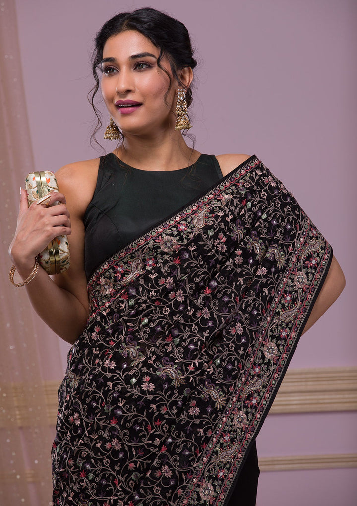 Black Threadwork Georgette Saree-Koskii