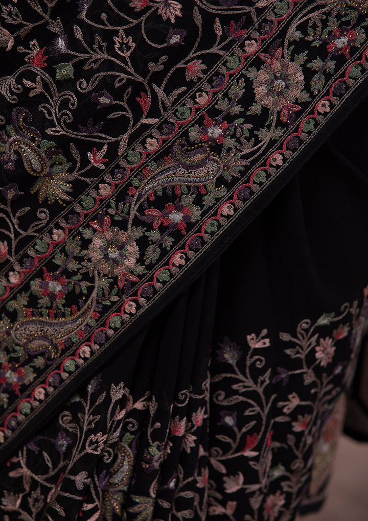 Black Threadwork Georgette Saree-Koskii