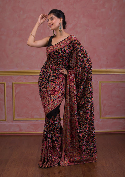 Black Threadwork Georgette Saree-Koskii