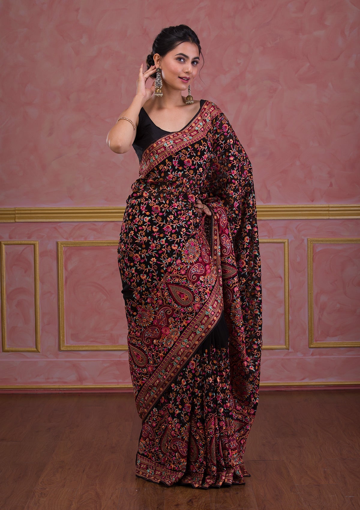 Black Threadwork Georgette Saree-Koskii