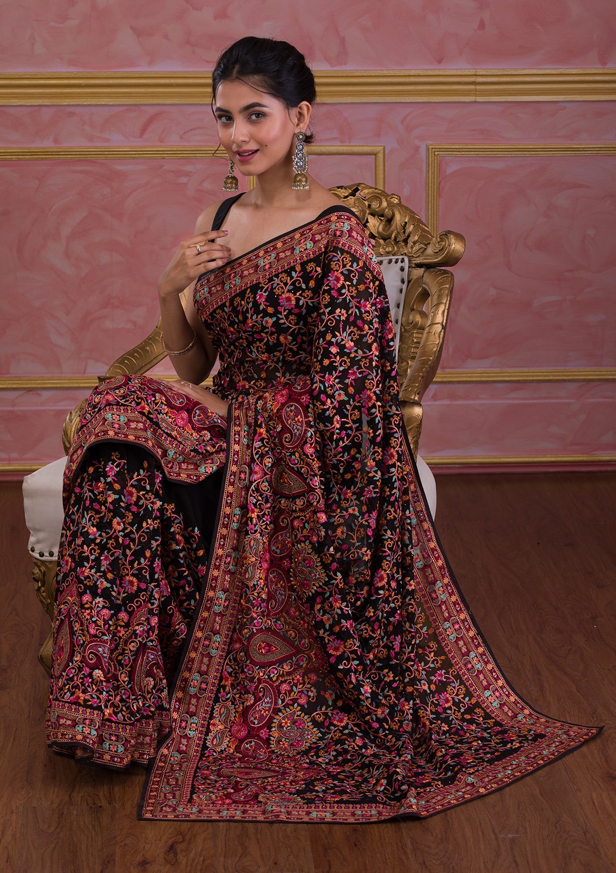 Black Threadwork Georgette Saree-Koskii