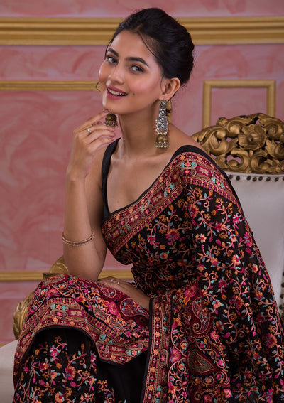 Black Threadwork Georgette Saree-Koskii