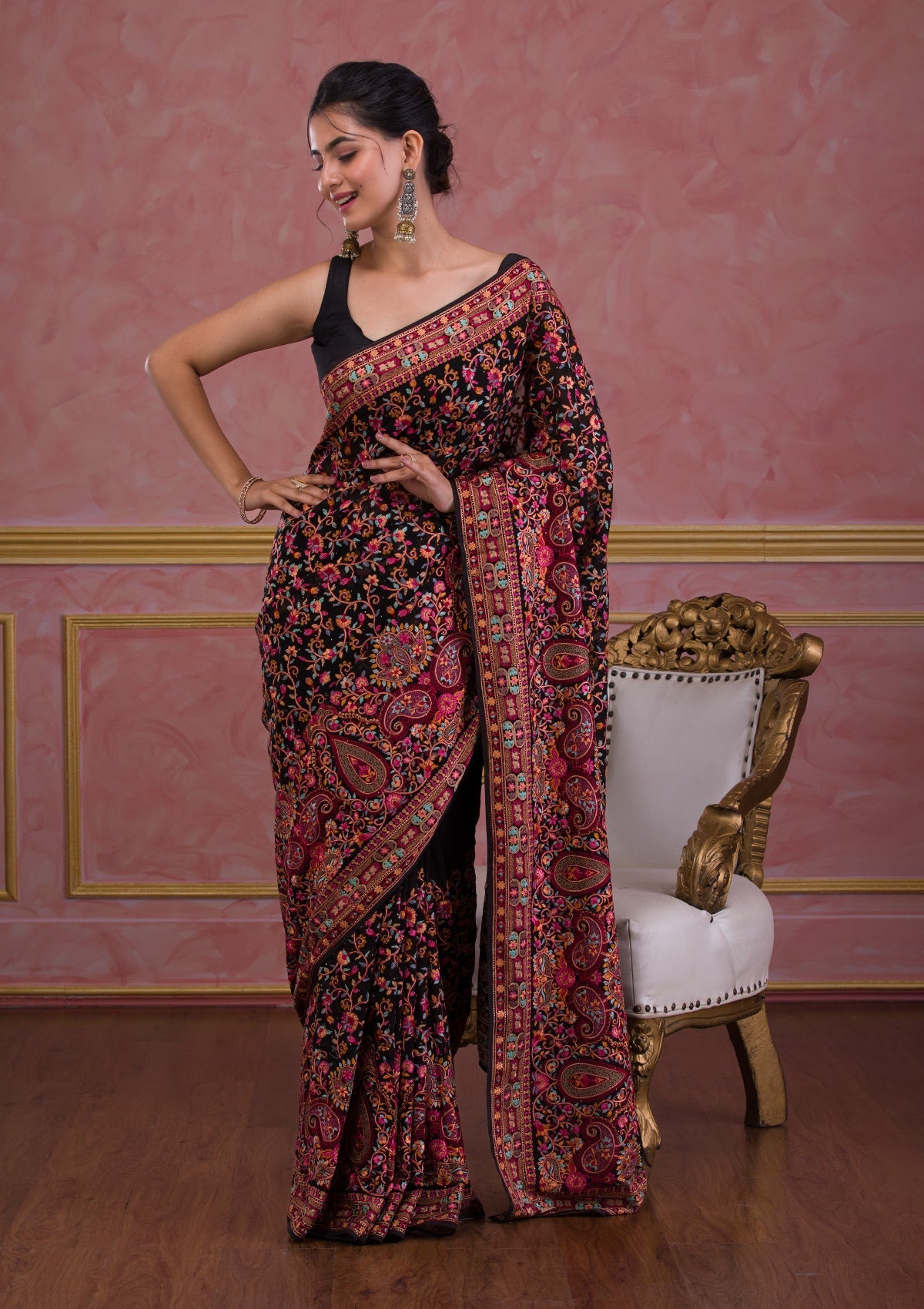 Black Threadwork Georgette Saree-Koskii