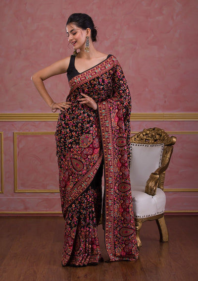 Black Threadwork Georgette Saree-Koskii