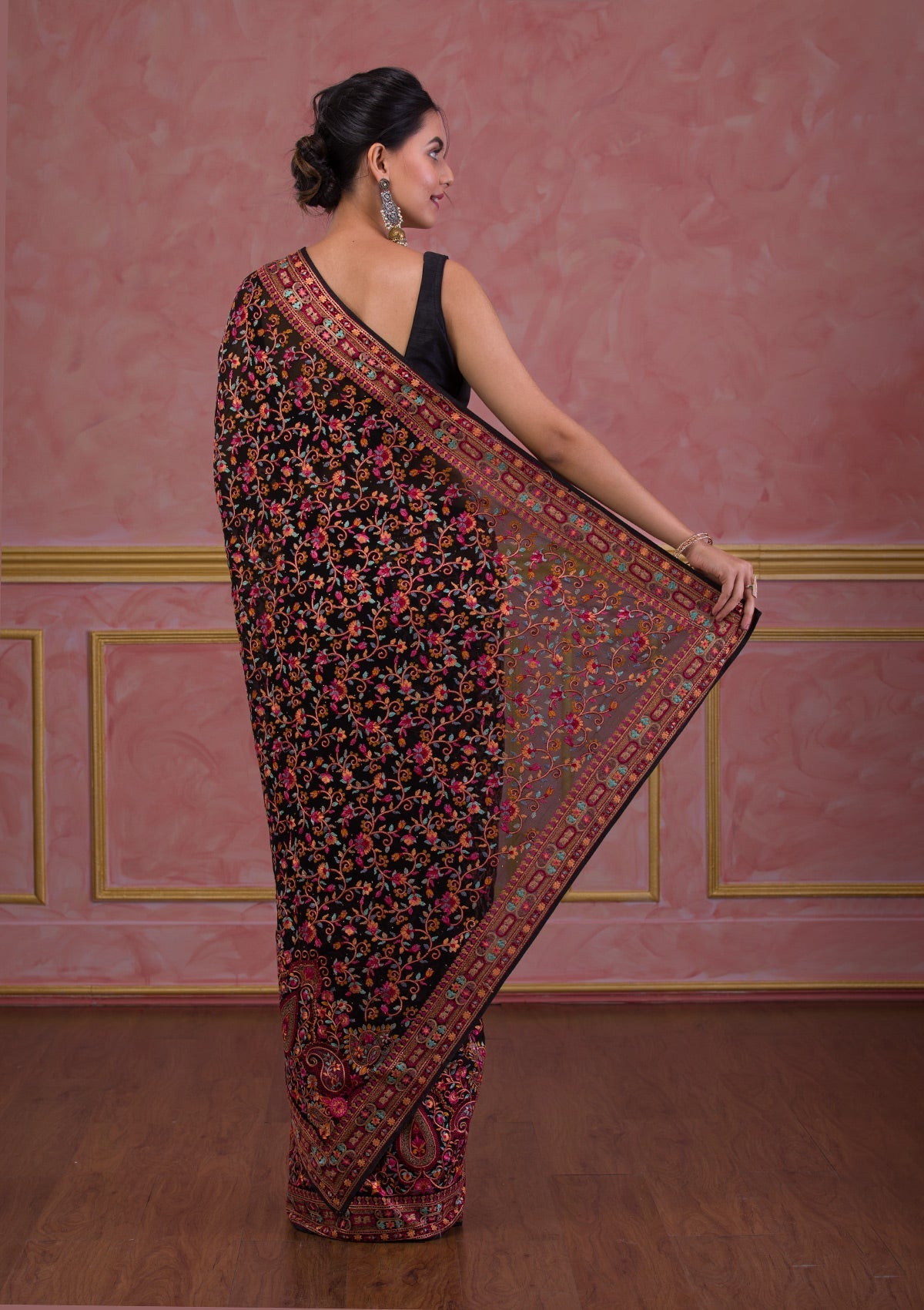 Black Threadwork Georgette Saree-Koskii