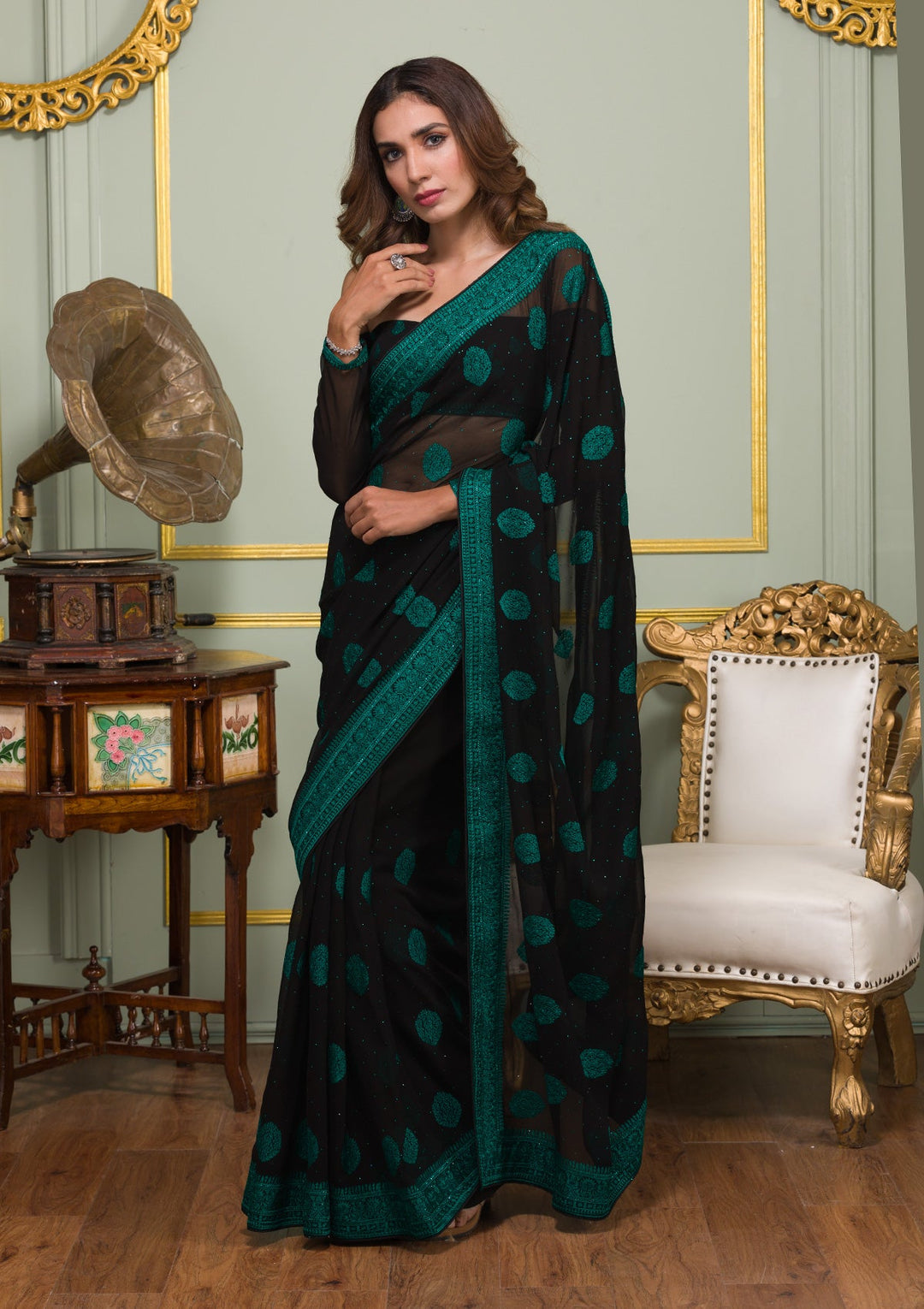 Rama Green Threadwork Georgette Saree-Koskii