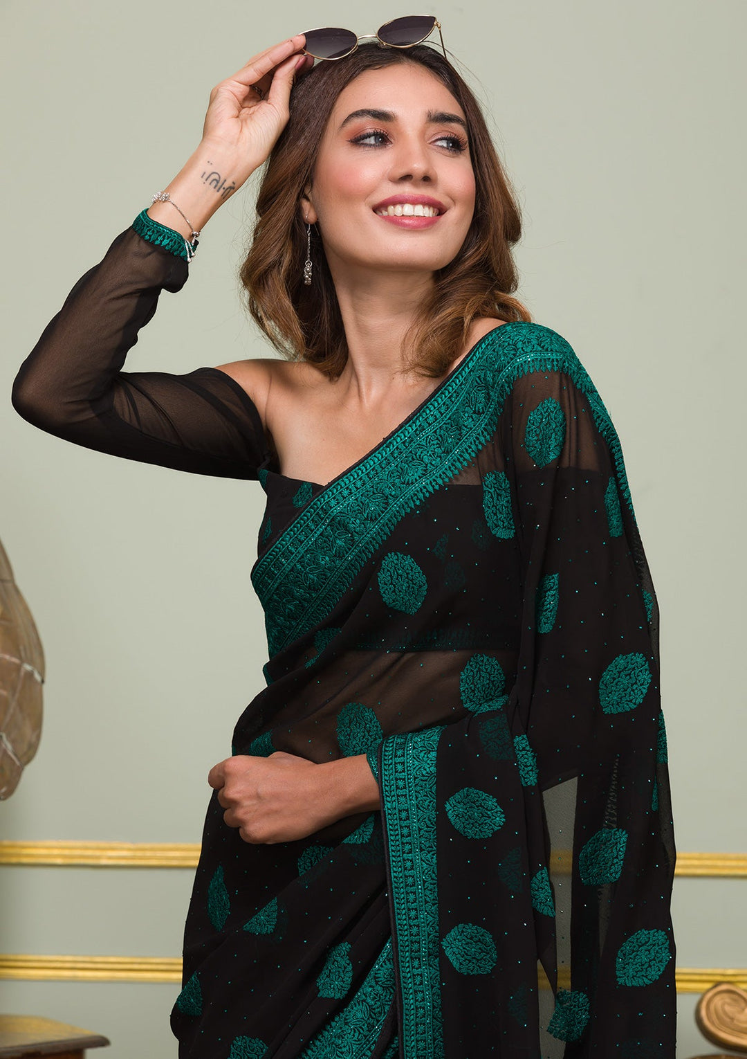 Rama Green Threadwork Georgette Saree-Koskii