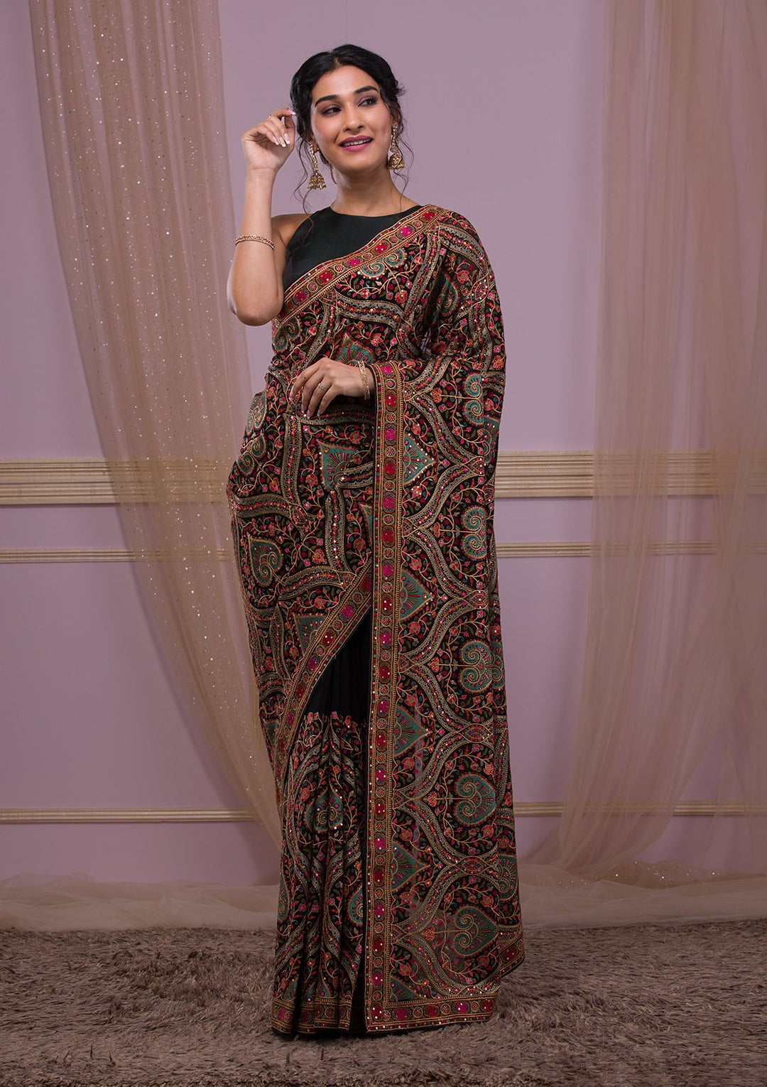 Black Threadwork Georgette Saree-Koskii