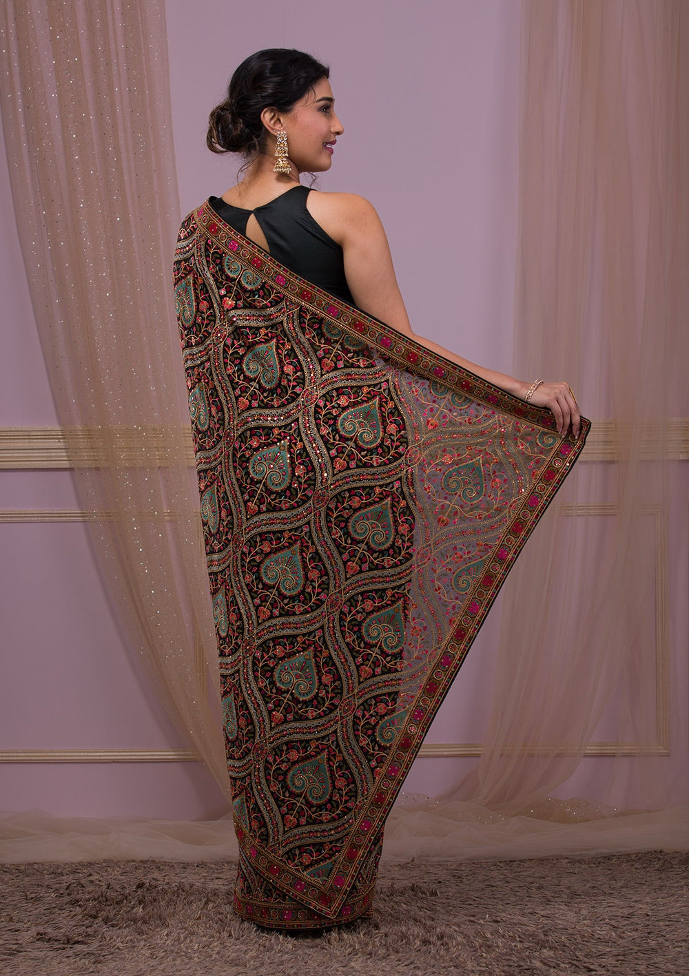 Black Threadwork Georgette Saree-Koskii