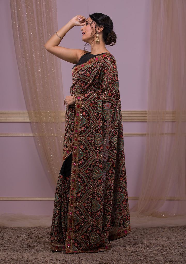 Black Threadwork Georgette Saree-Koskii