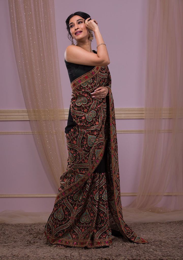 Black Threadwork Georgette Saree-Koskii
