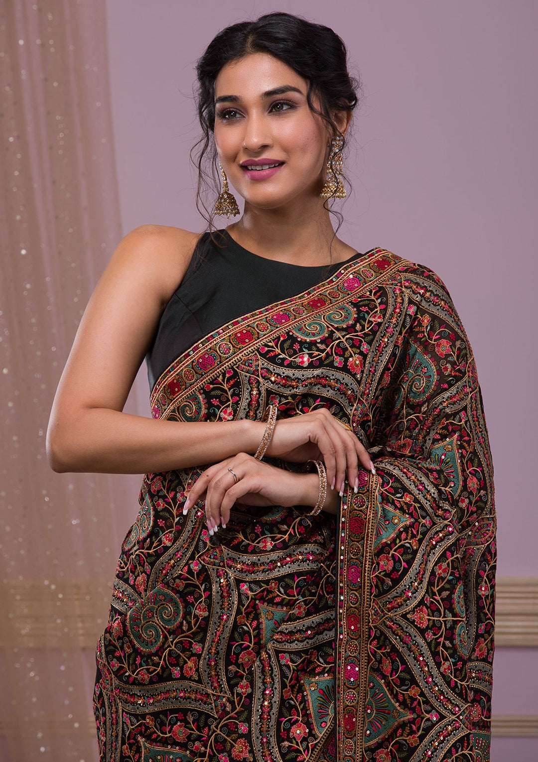 Black Threadwork Georgette Saree-Koskii