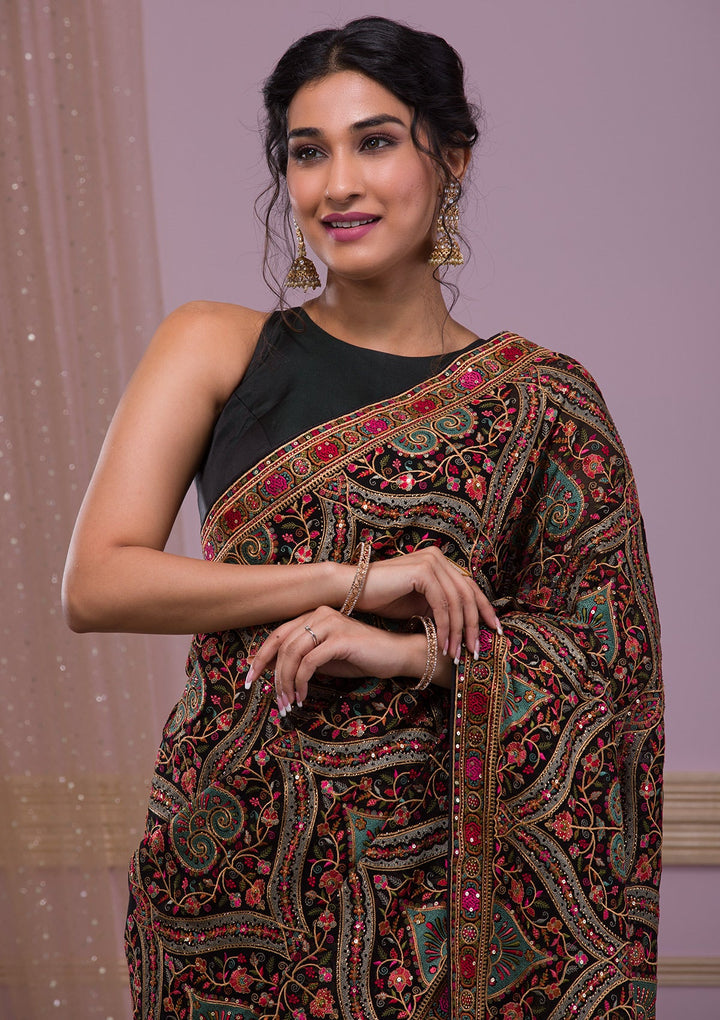 Black Threadwork Georgette Saree-Koskii