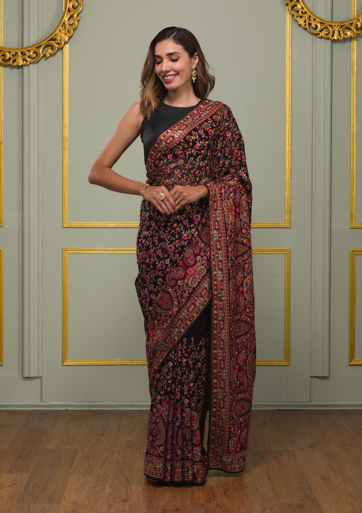 Black Threadwork Georgette Saree-Koskii
