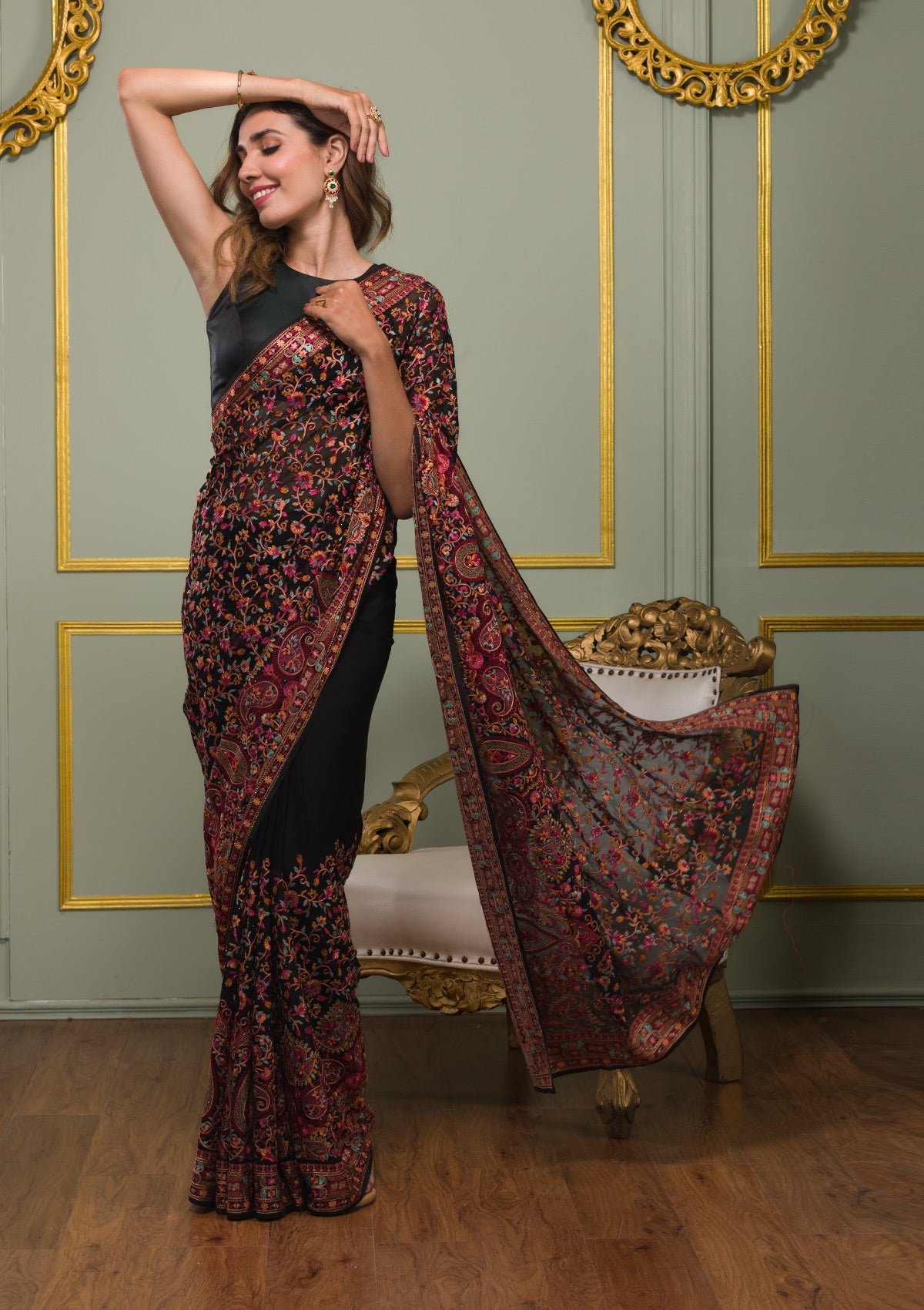 Black Threadwork Georgette Saree-Koskii