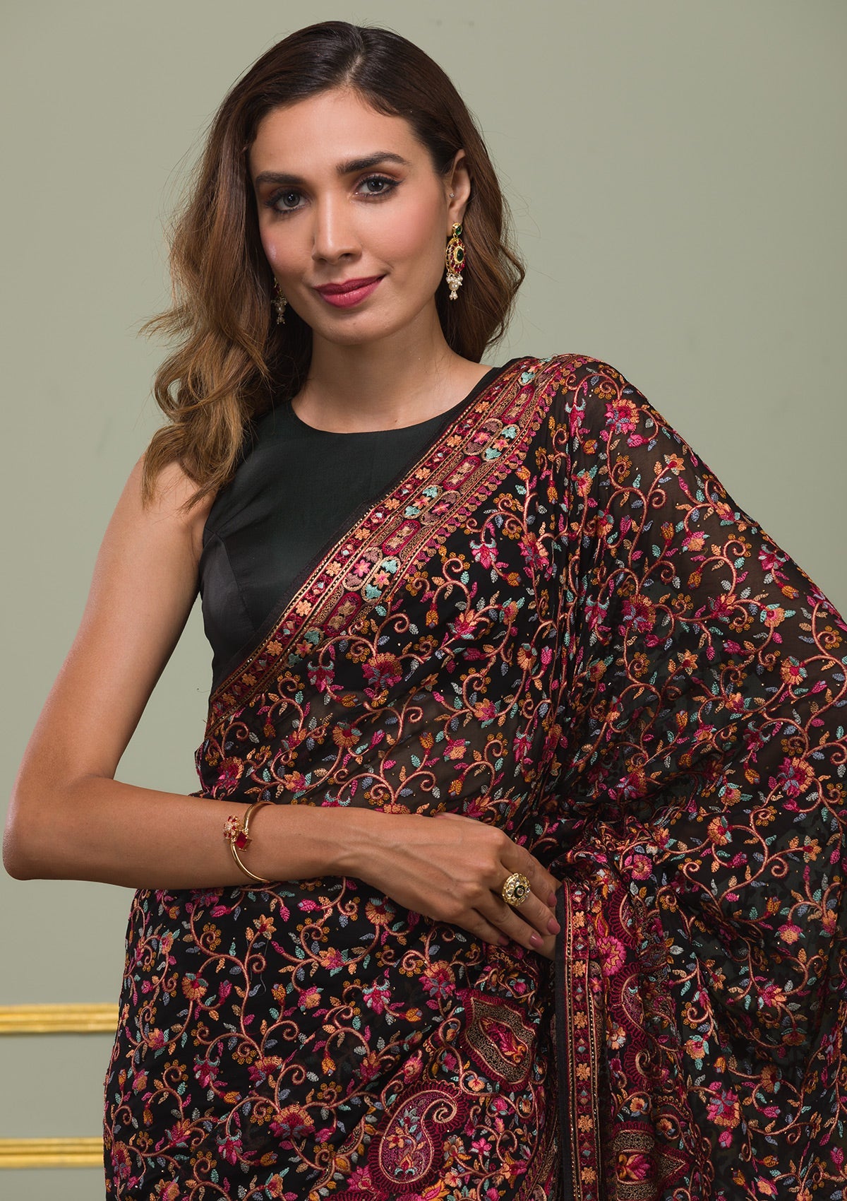 Black Threadwork Georgette Saree-Koskii