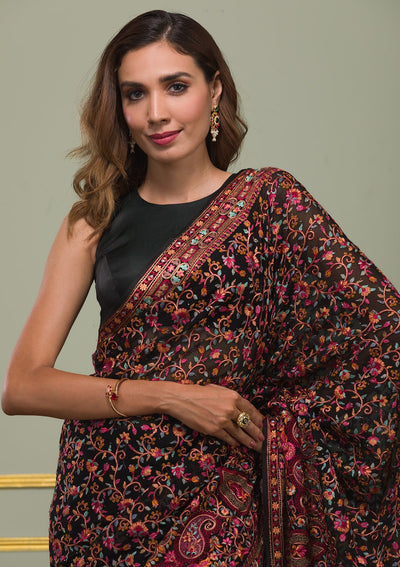 Black Threadwork Georgette Saree-Koskii