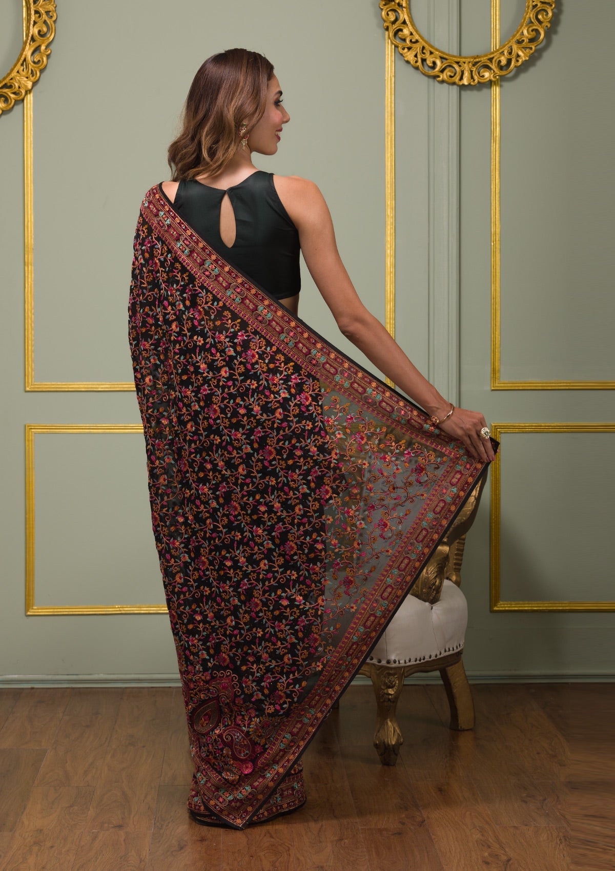 Black Threadwork Georgette Saree-Koskii