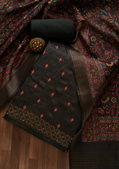 Black Threadwork Raw Silk Unstitched Salwar Suit-Koskii