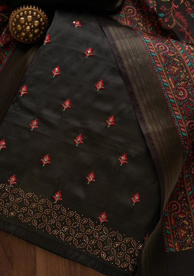 Black Threadwork Raw Silk Unstitched Salwar Suit-Koskii